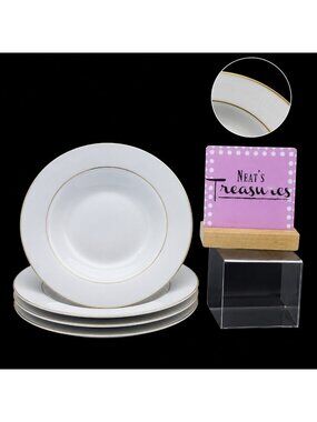 Vintage Kmart ELEGANT GOLD White Gold Trim Porcelain Soup Pasta Bowls Set of 4